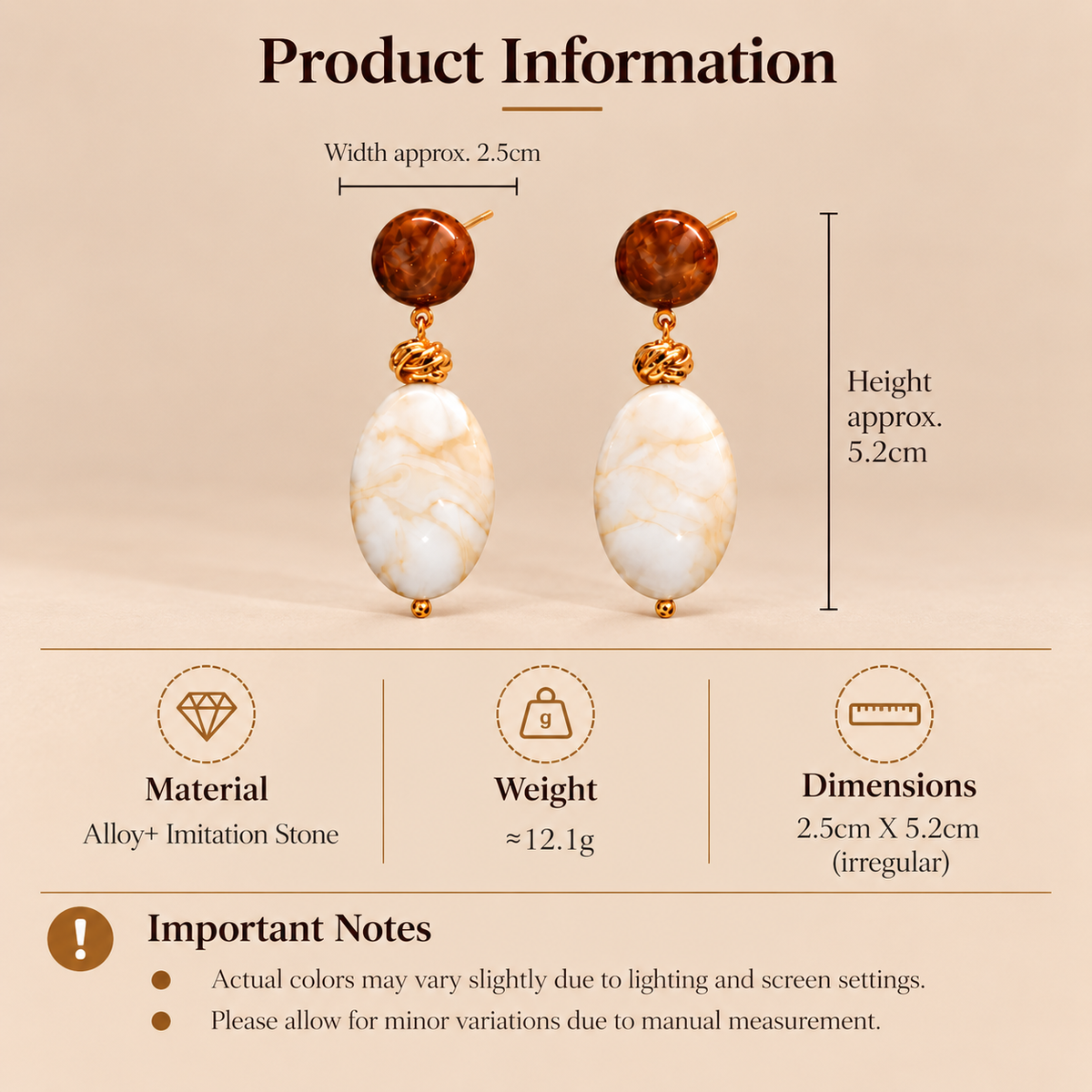 Brown and ivory drop earrings with size and product details