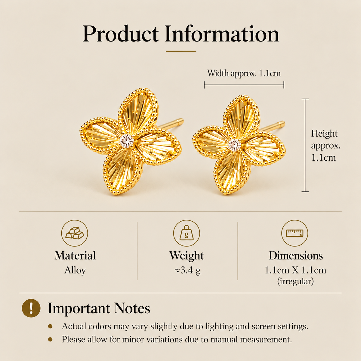 Gold-tone flower stud earrings size and product details showing 1.1 cm dimensions