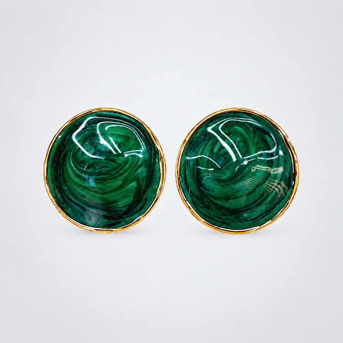 Green marbled round statement stud earrings with gold-tone trim