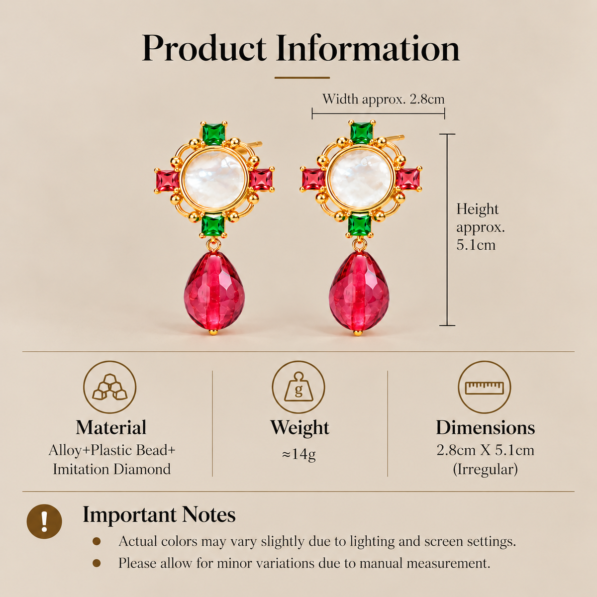 Multicolor drop earrings size material and weight details