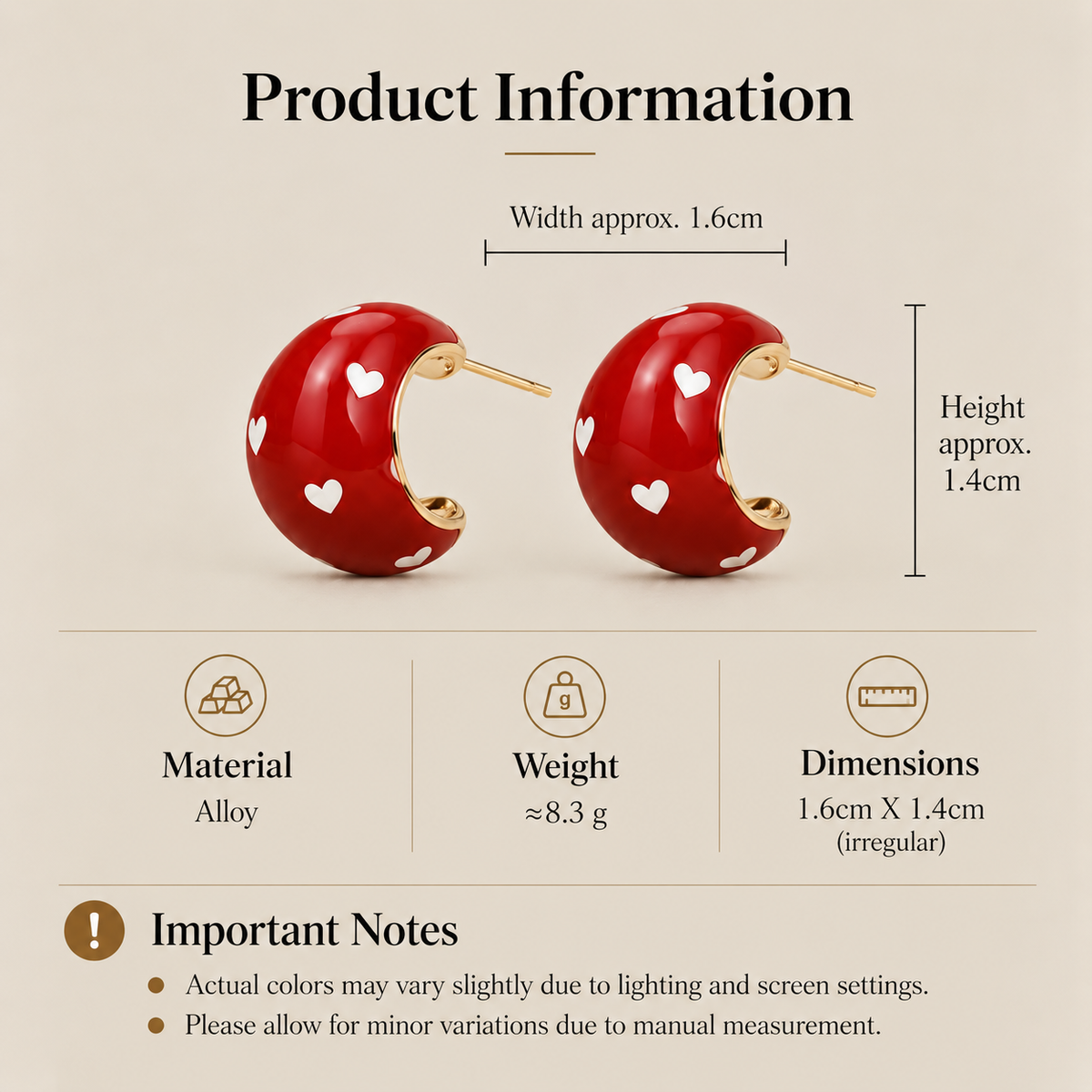 Red heart stud earrings size and product details showing 1.6 cm width and 1.4 cm height