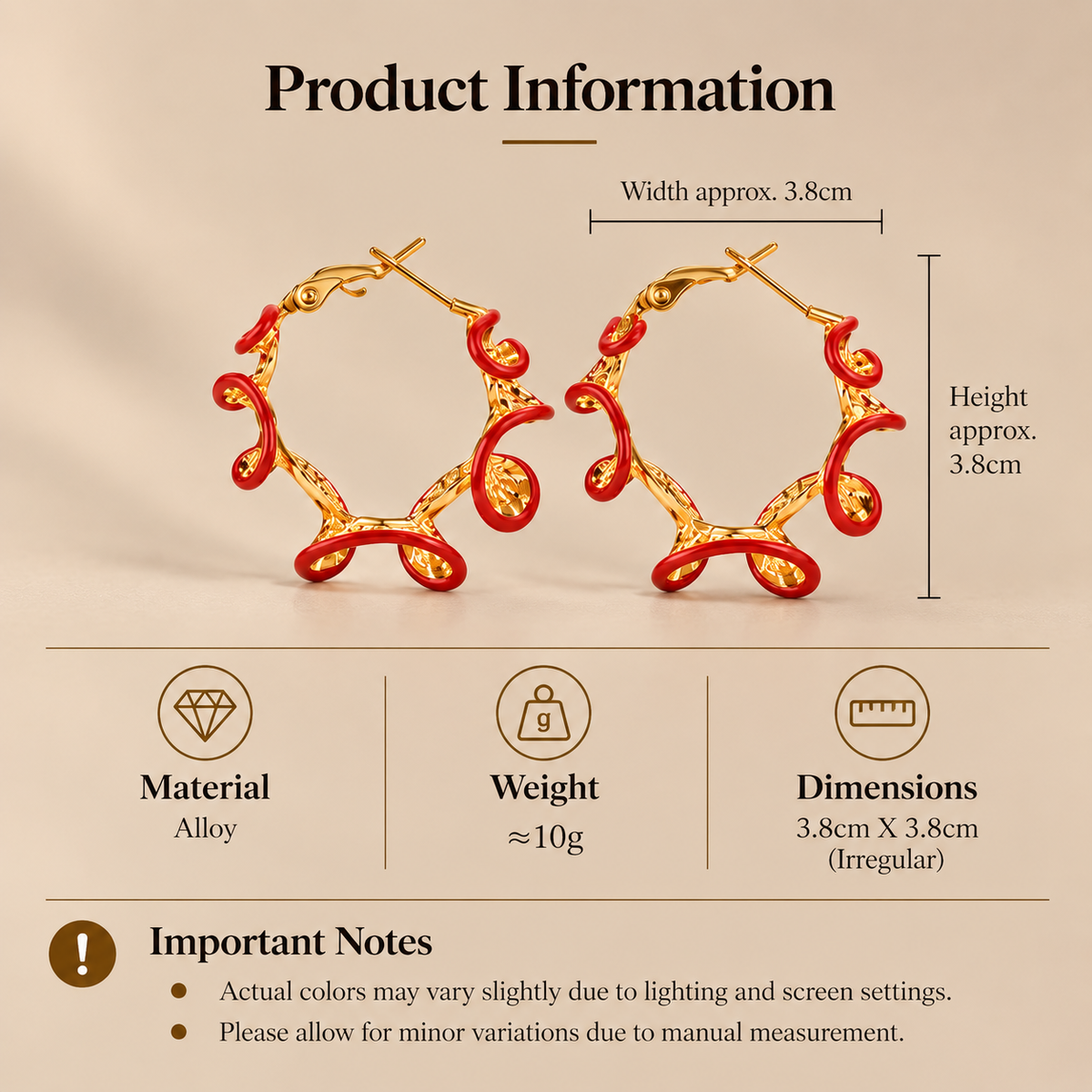 Red and gold hoop earrings measuring approximately 3.8cm by 3.8cm