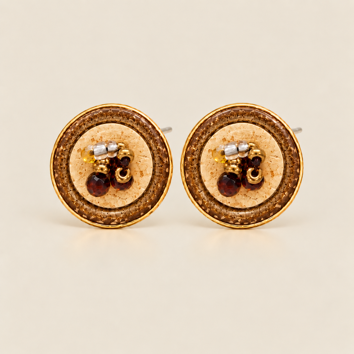 Brown beaded round stud earrings with gold-tone details