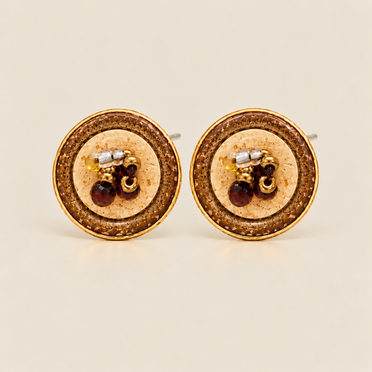 Brown beaded round stud earrings with gold-tone details
