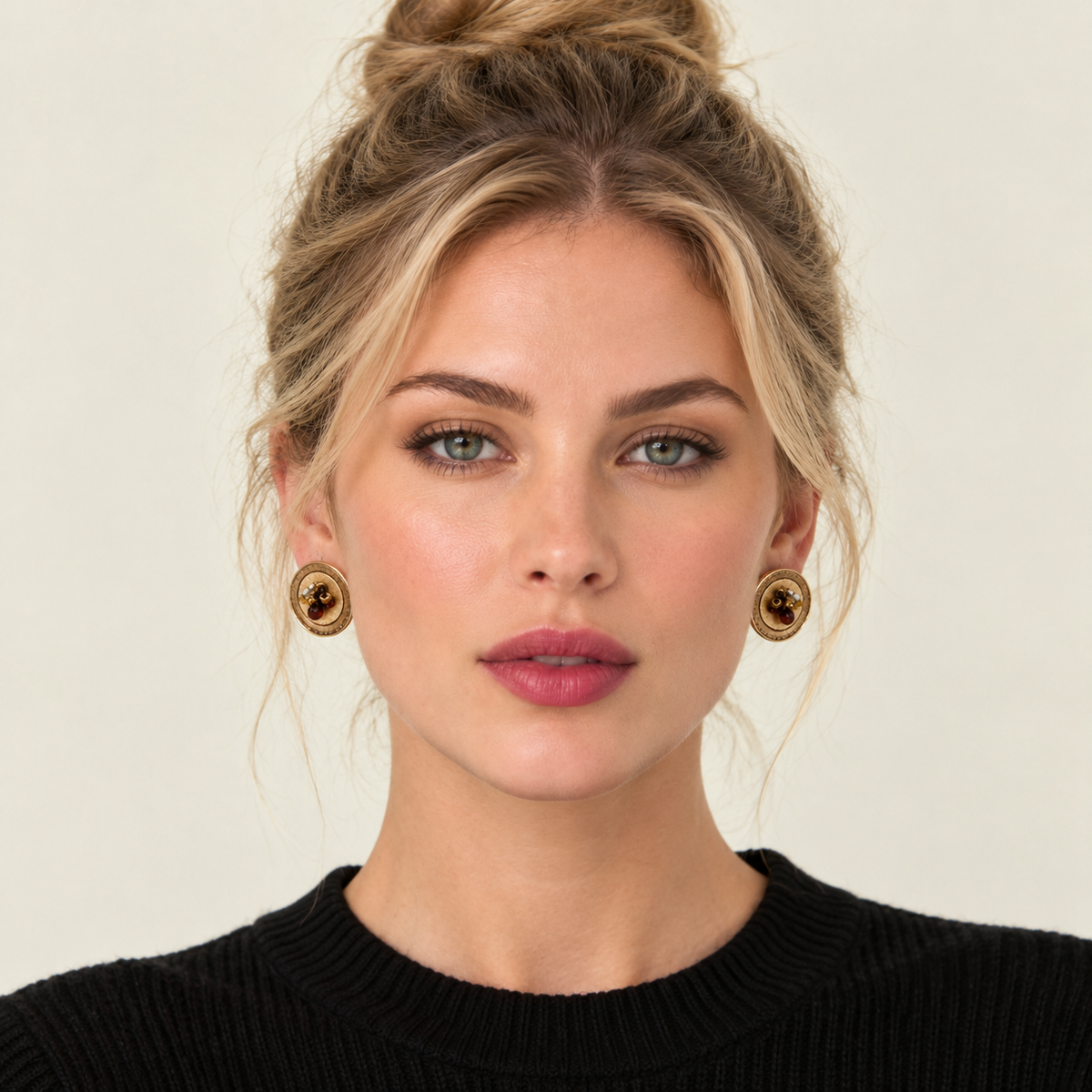 Model wearing brown beaded round stud earrings