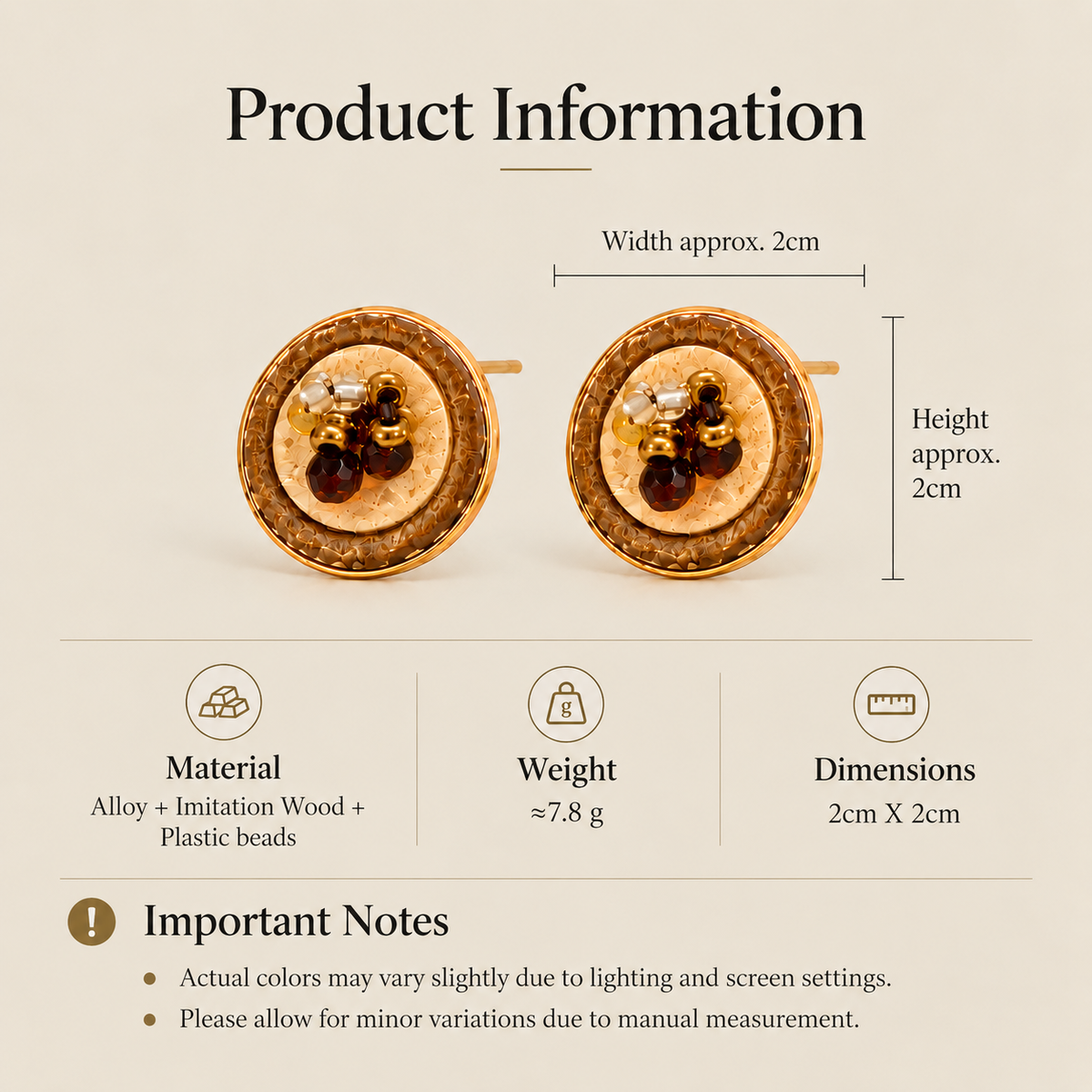 Brown beaded round stud earrings size and product information