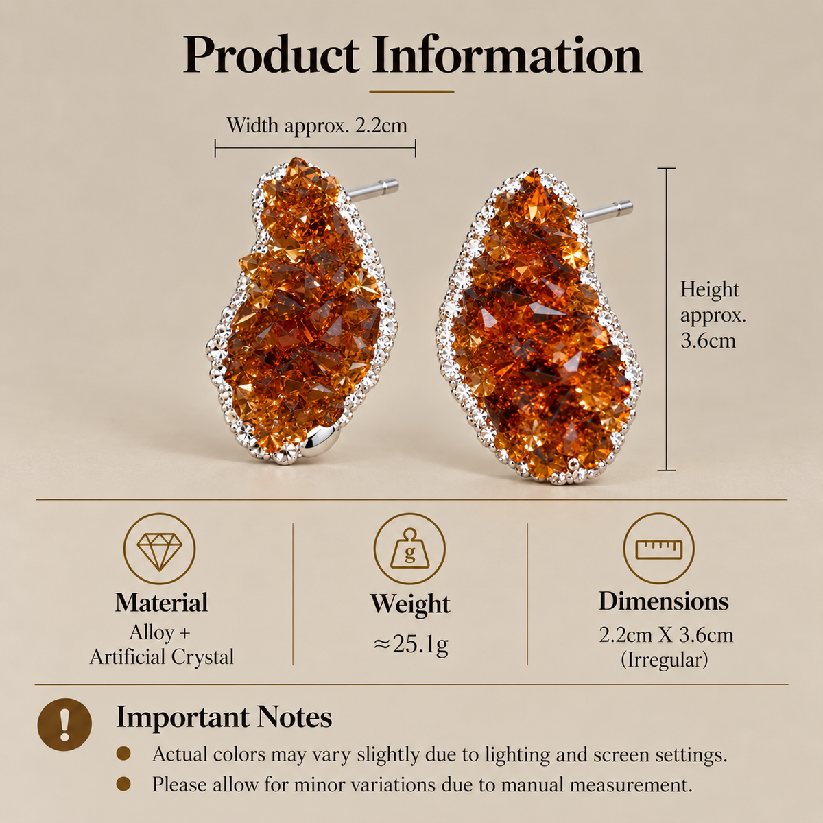 Brown crystal stud earrings with 2.2 cm width and 3.6 cm height