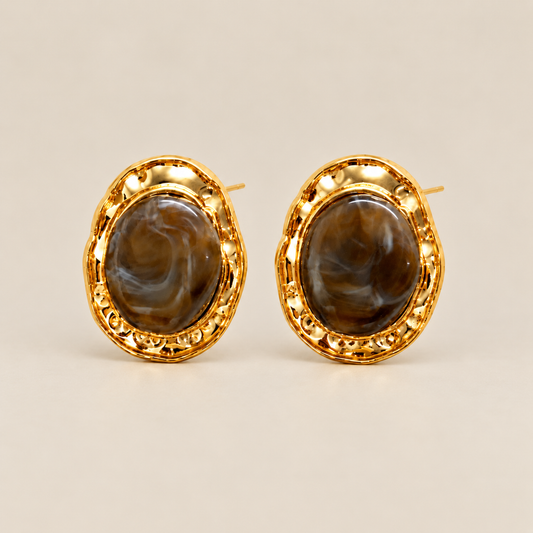 Brown imitation stone oval stud earrings with gold-tone frames