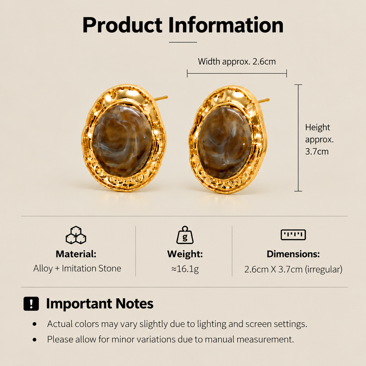 Brown imitation stone stud earrings size material and weight details