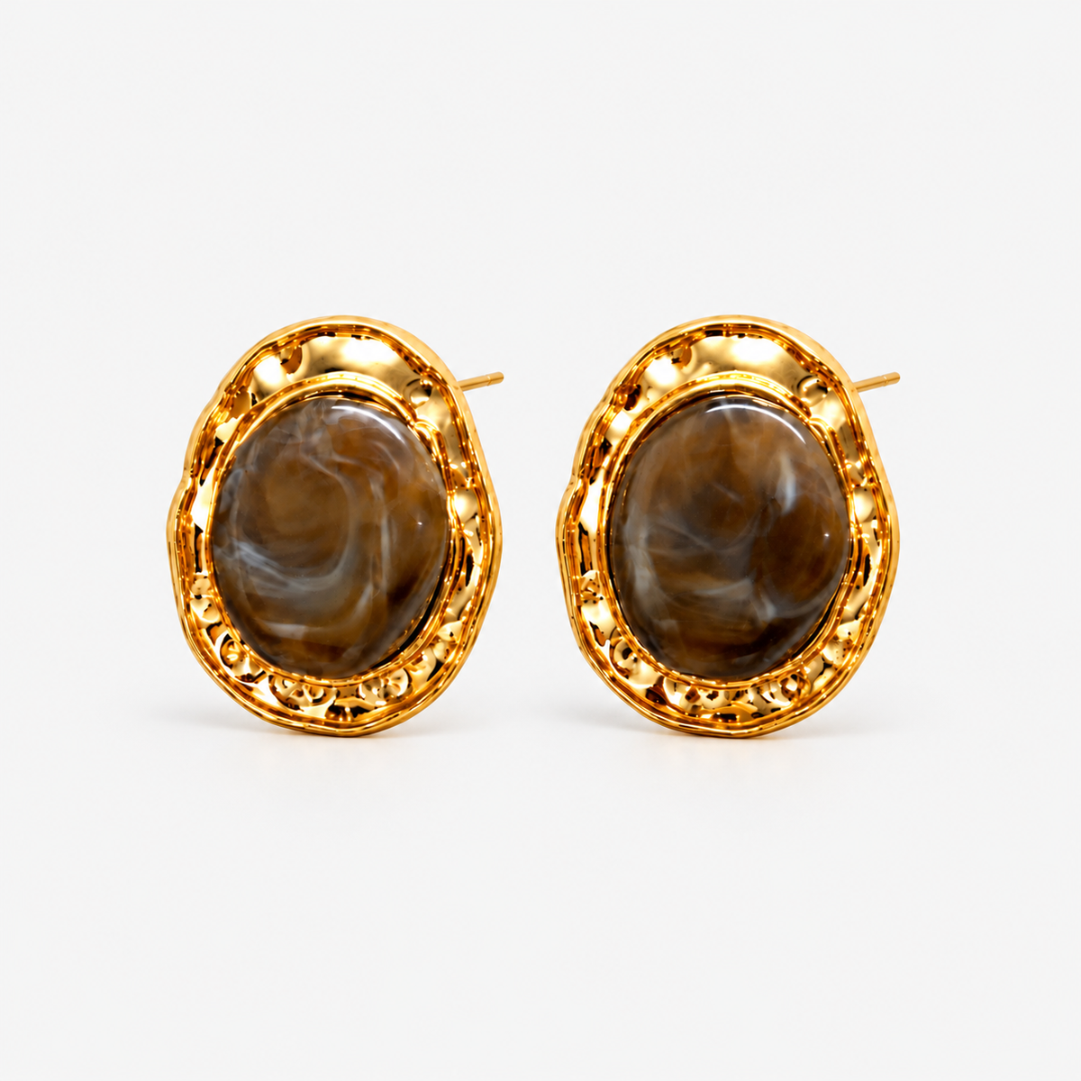 Brown imitation stone oval stud earrings on white background