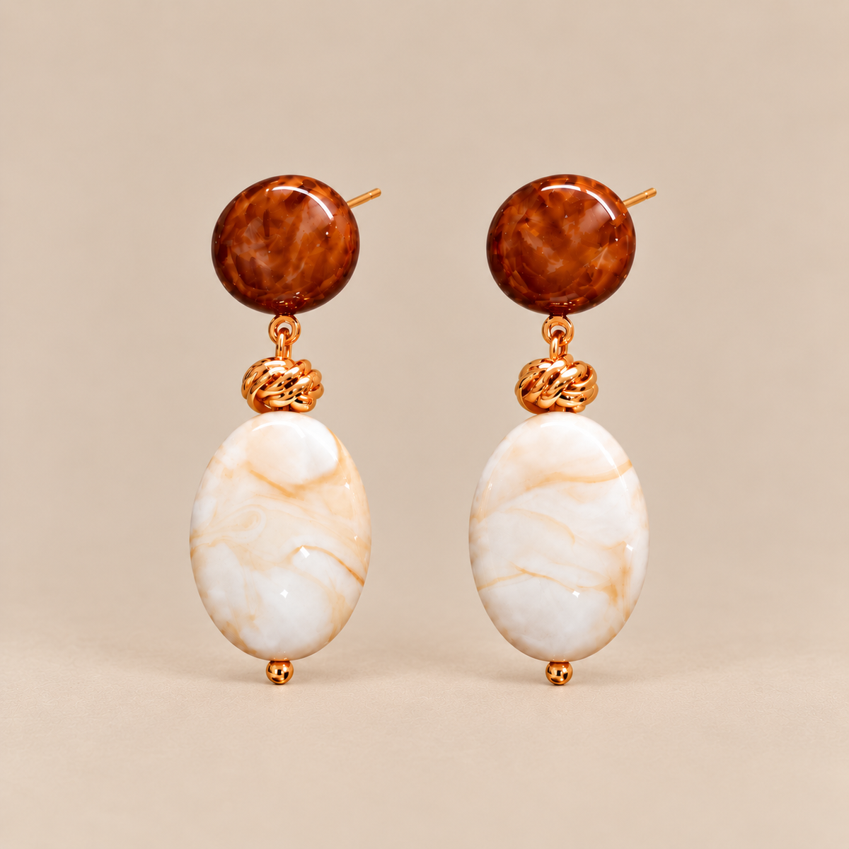 Brown and ivory imitation stone drop stud earrings
