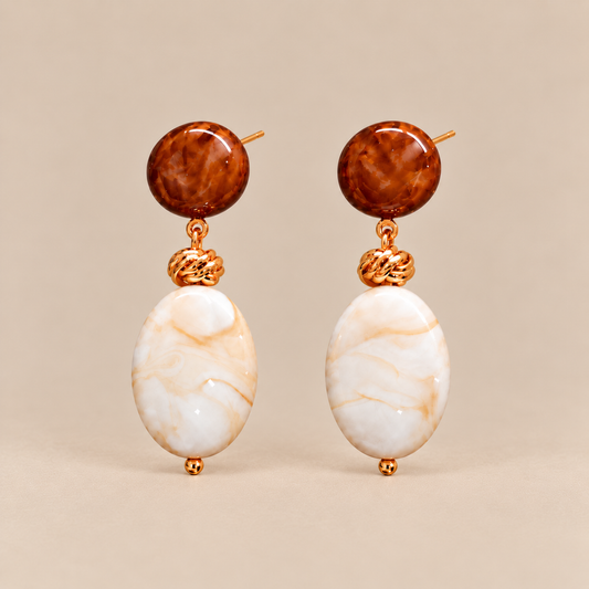 Brown and ivory imitation stone drop stud earrings