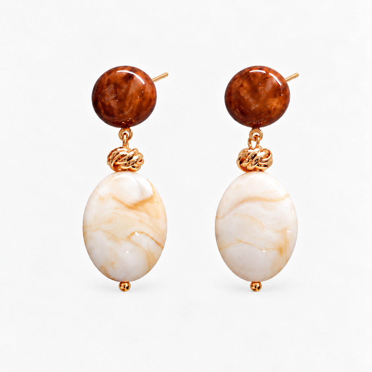 Brown and ivory imitation stone drop earrings front view