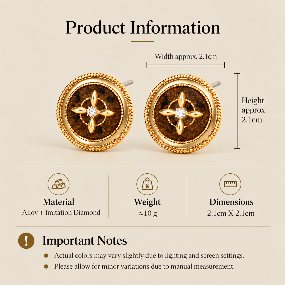 Brown round stud earrings size and product details, 2.1 cm by 2.1 cm