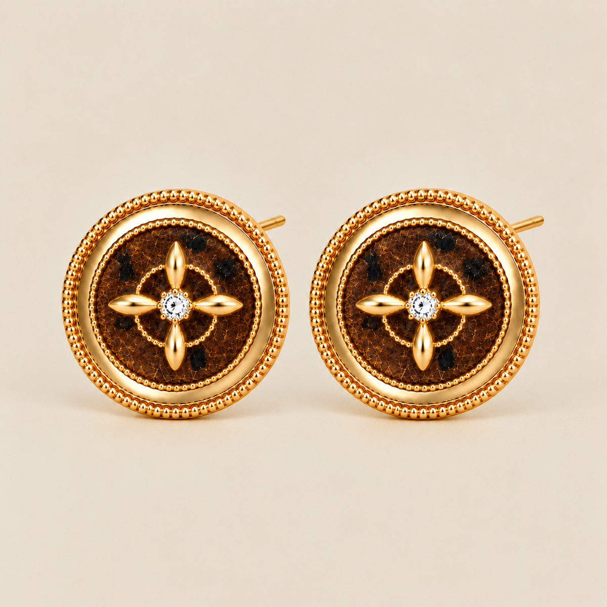 Brown round statement stud earrings with gold-tone detailing