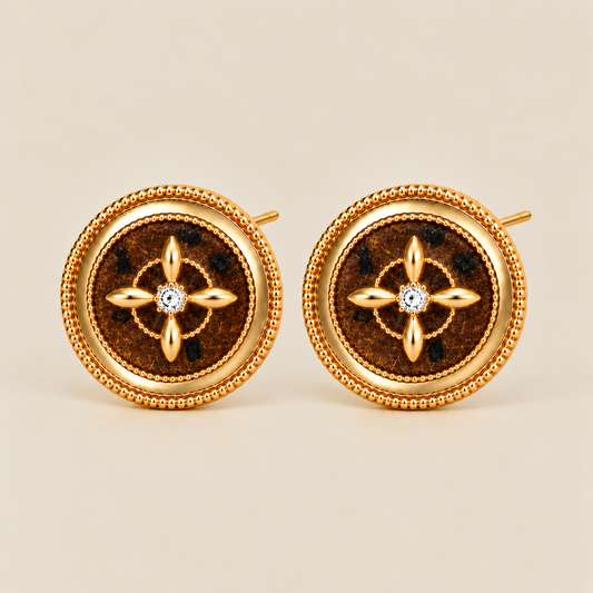 Brown round statement stud earrings with gold-tone detailing