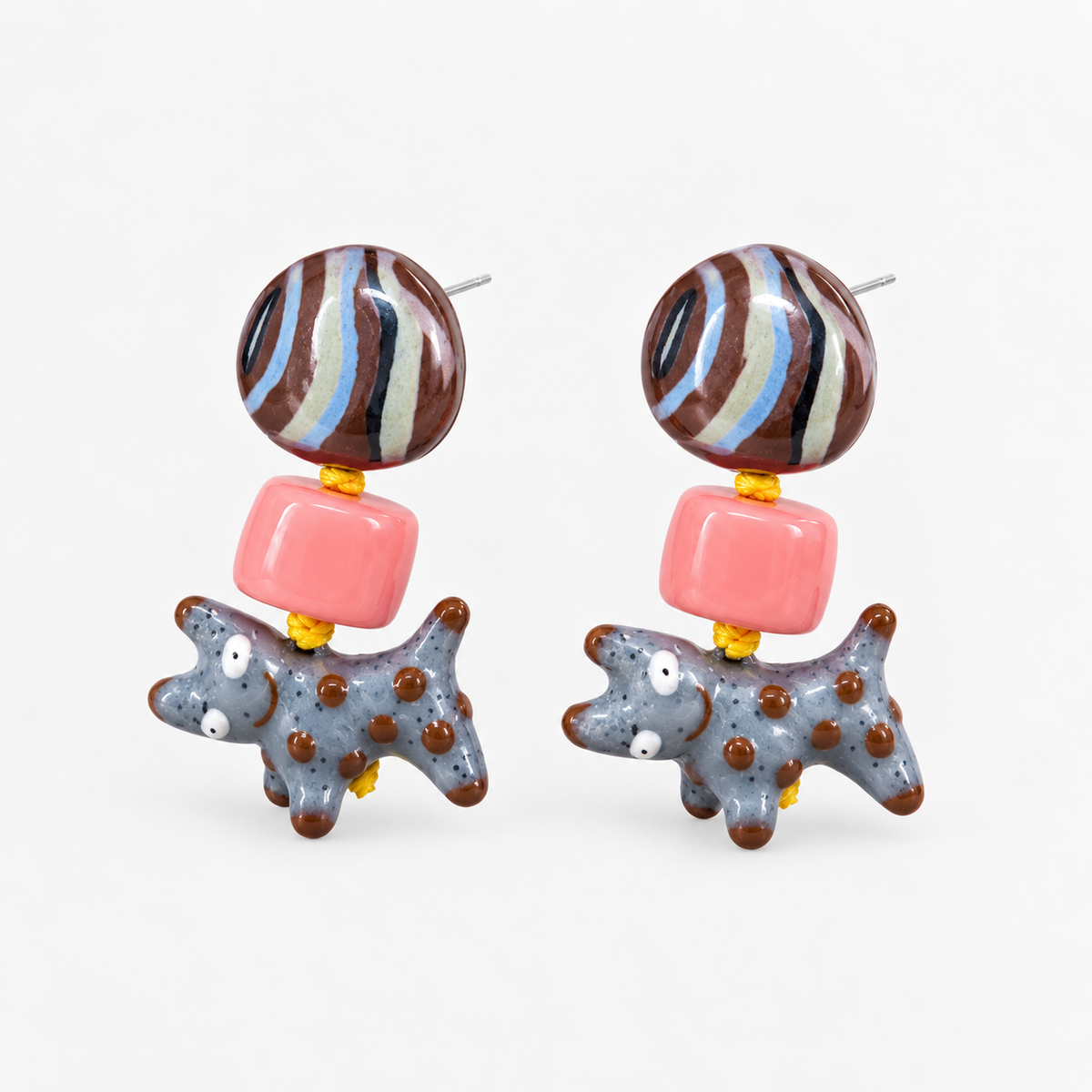 Pair of colorful dog drop stud earrings