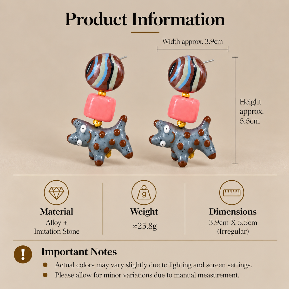 Colorful dog earrings with 3.9cm width and 5.5cm height