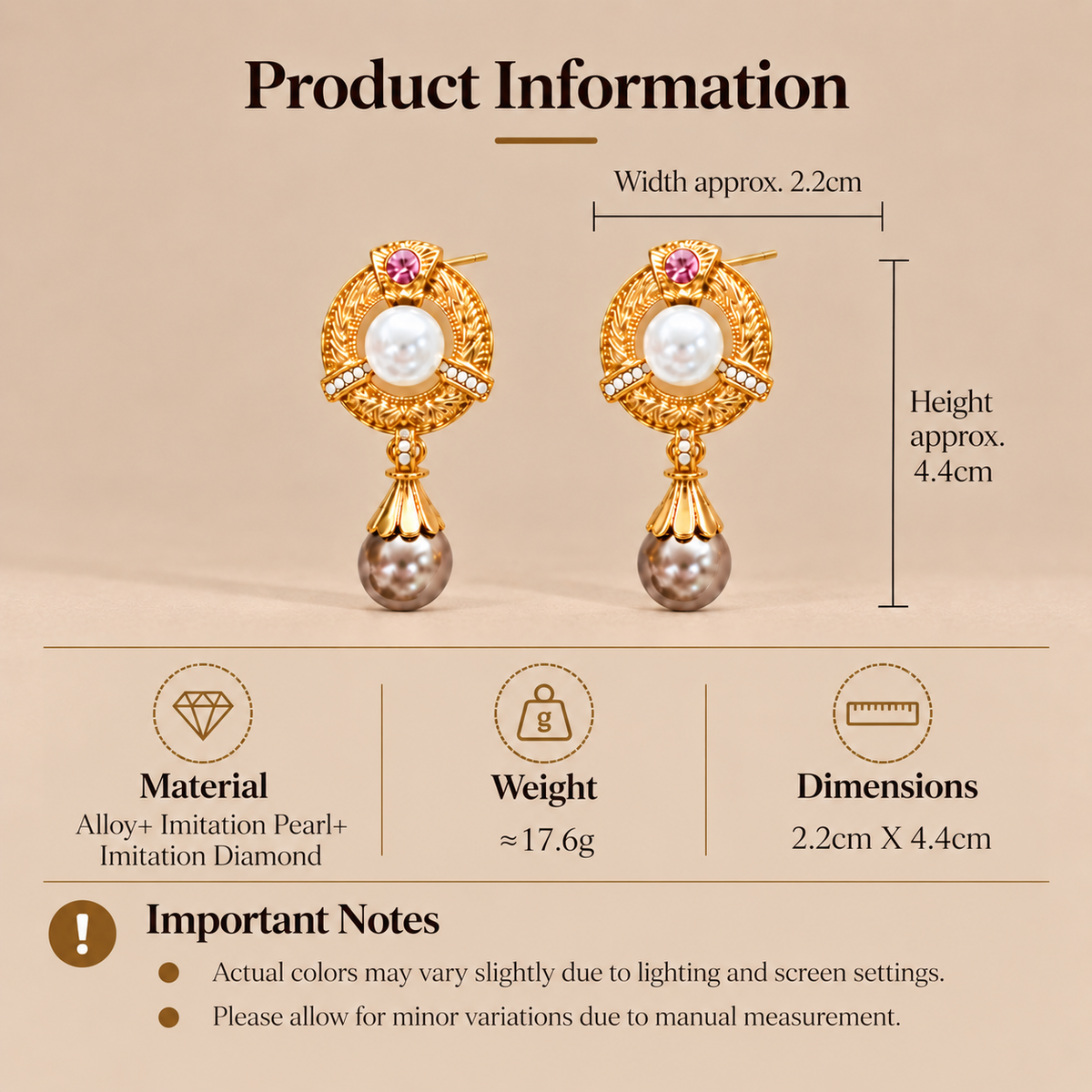 Gold pearl drop stud earrings size and product details