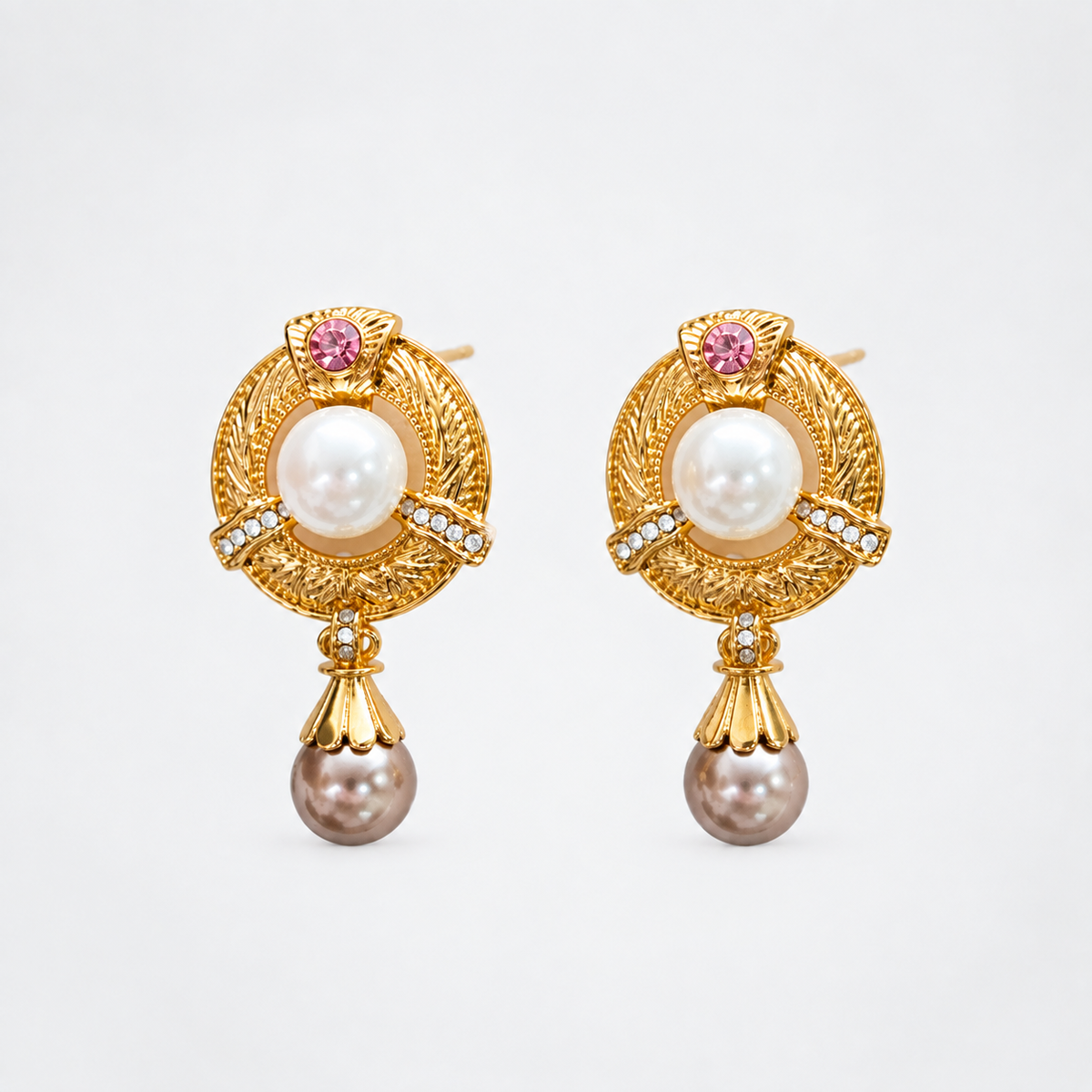 Gold pearl drop stud earrings front view