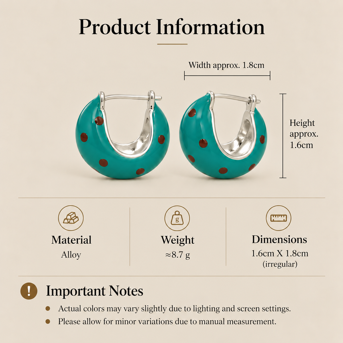 Green polka dot hoop earrings size and product details showing 1.6 by 1.8 cm