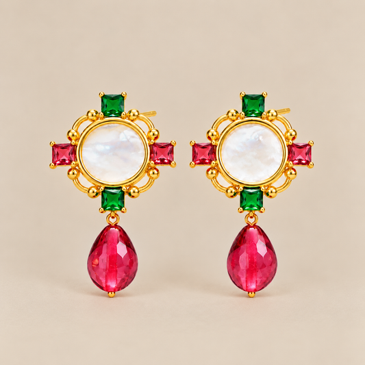 Multicolor imitation gemstone drop earrings with pink teardrop pendants