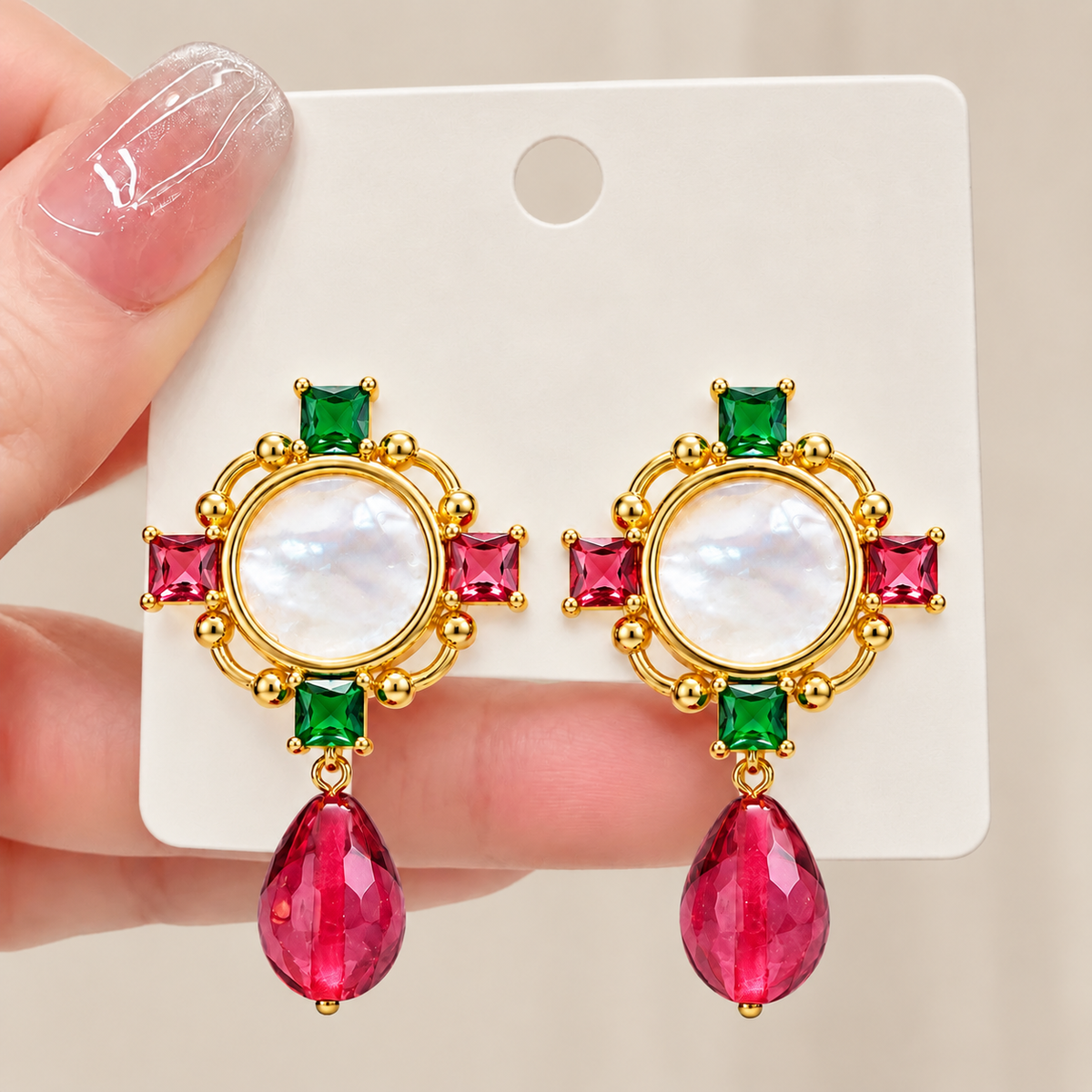 Multicolor statement drop earrings styled with a fashion look