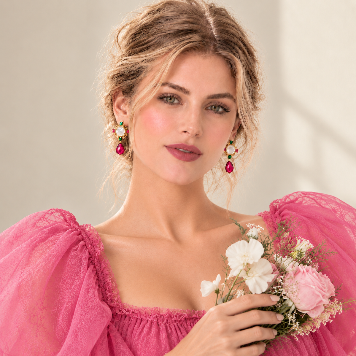 Multicolor statement drop earrings styled with a fashion look