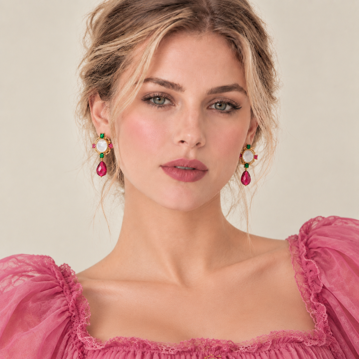 Model wearing multicolor imitation gemstone drop earrings
