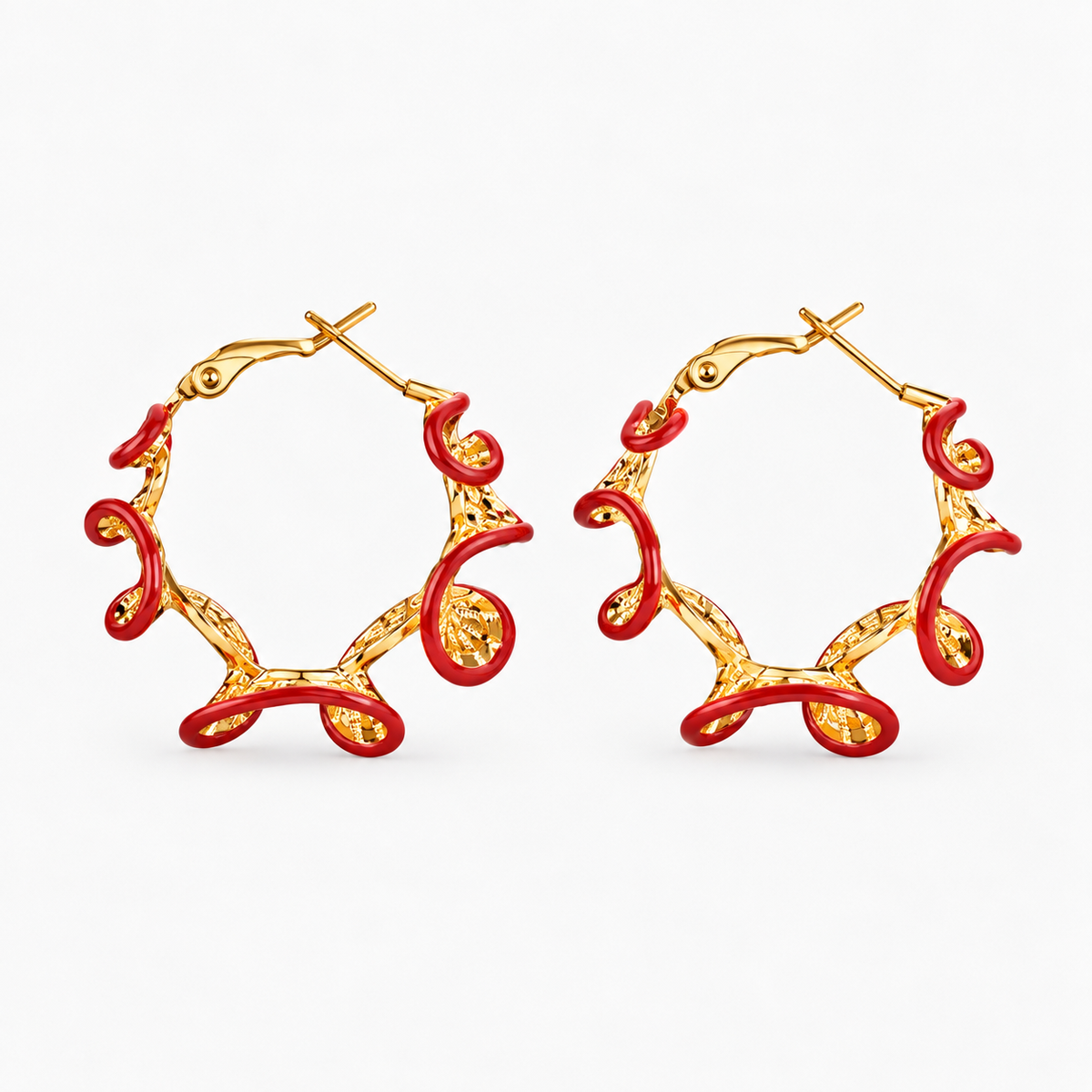 Pair of red and gold irregular hoop earrings