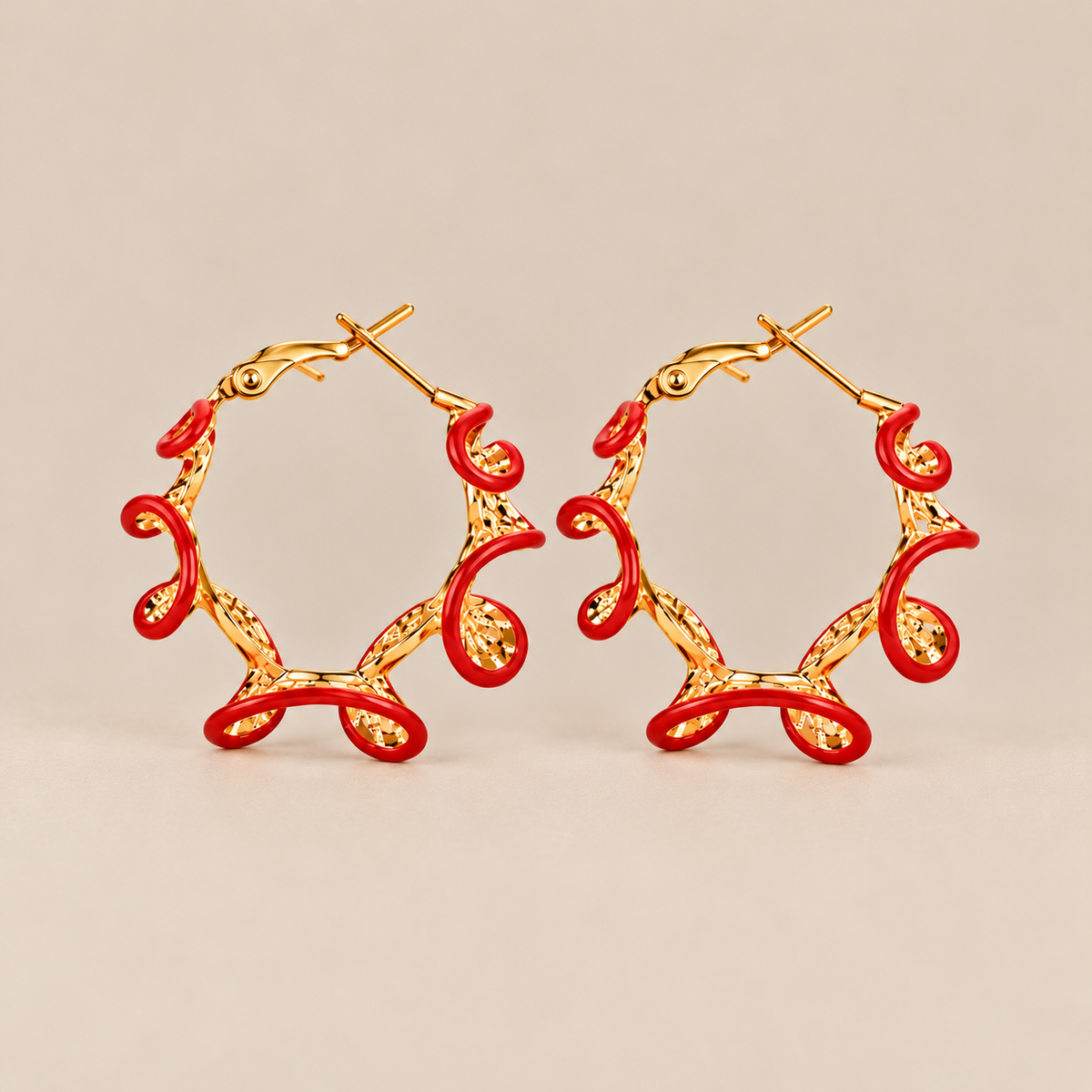 Red and gold statement hoop earrings