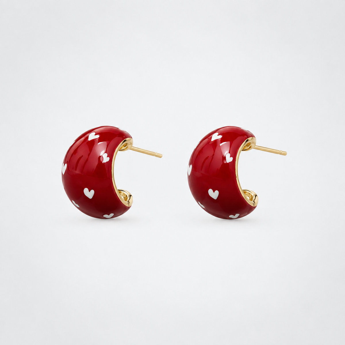 Red heart chunky stud earrings in red and gold tone