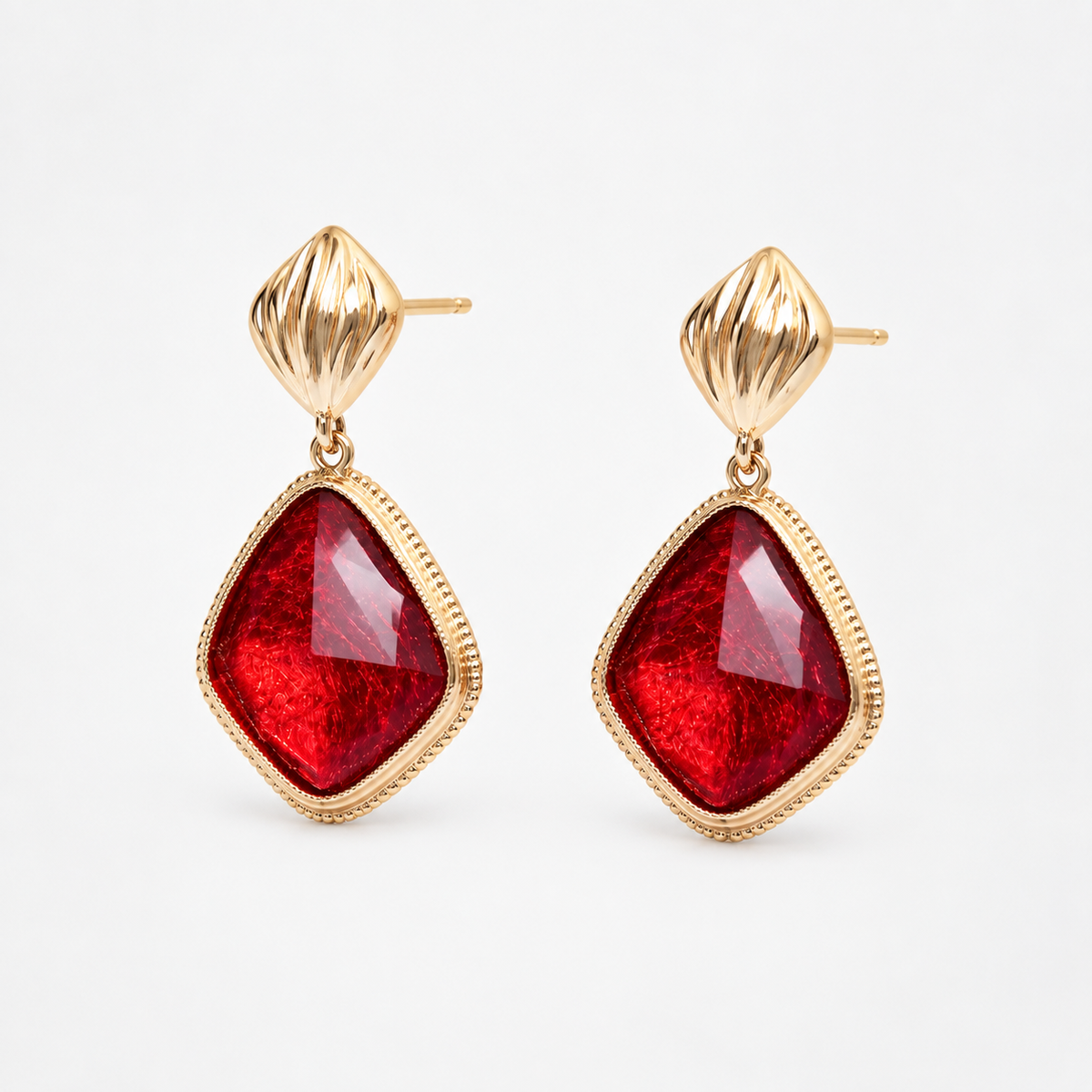 Red imitation gemstone drop earrings with gold-tone setting