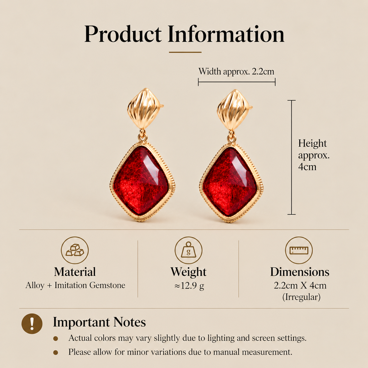 Red imitation gemstone drop earrings size and product details