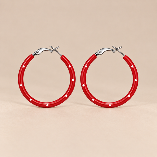 Red polka dot hoop earrings with white dot details