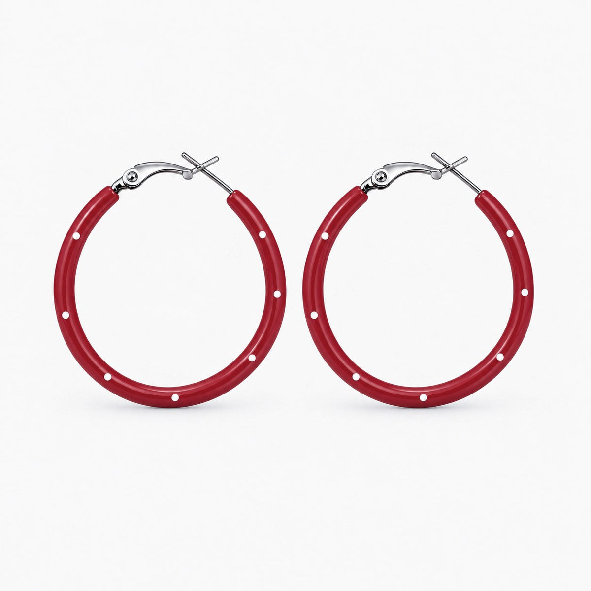 Red polka dot hoop earrings front view