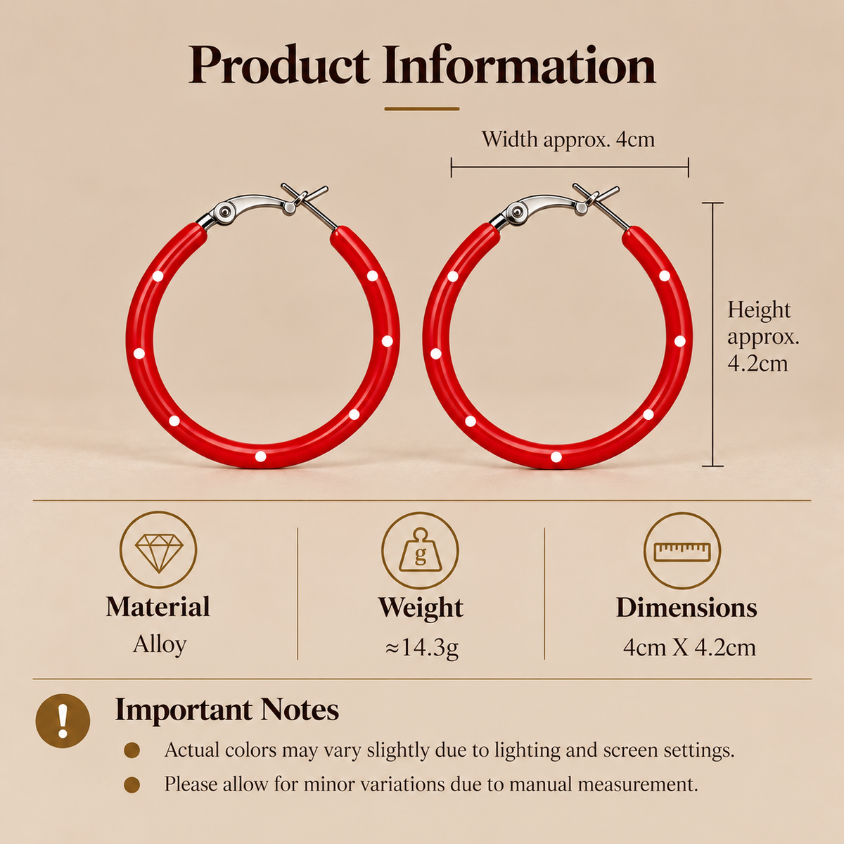 Red polka dot hoop earrings size and product details