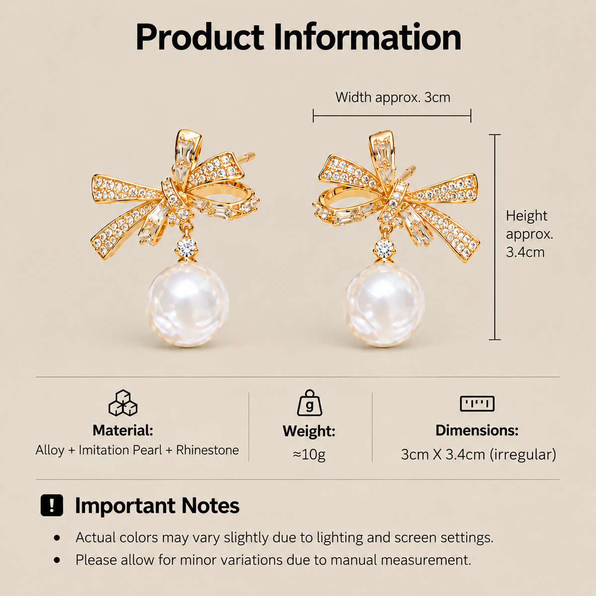 Rhinestone bow faux pearl earrings size material and weight details