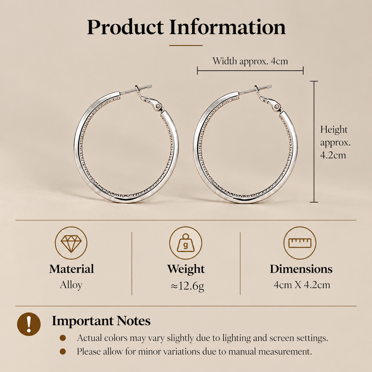 Silver hoop earrings size and product details 4cm by 4.2cm