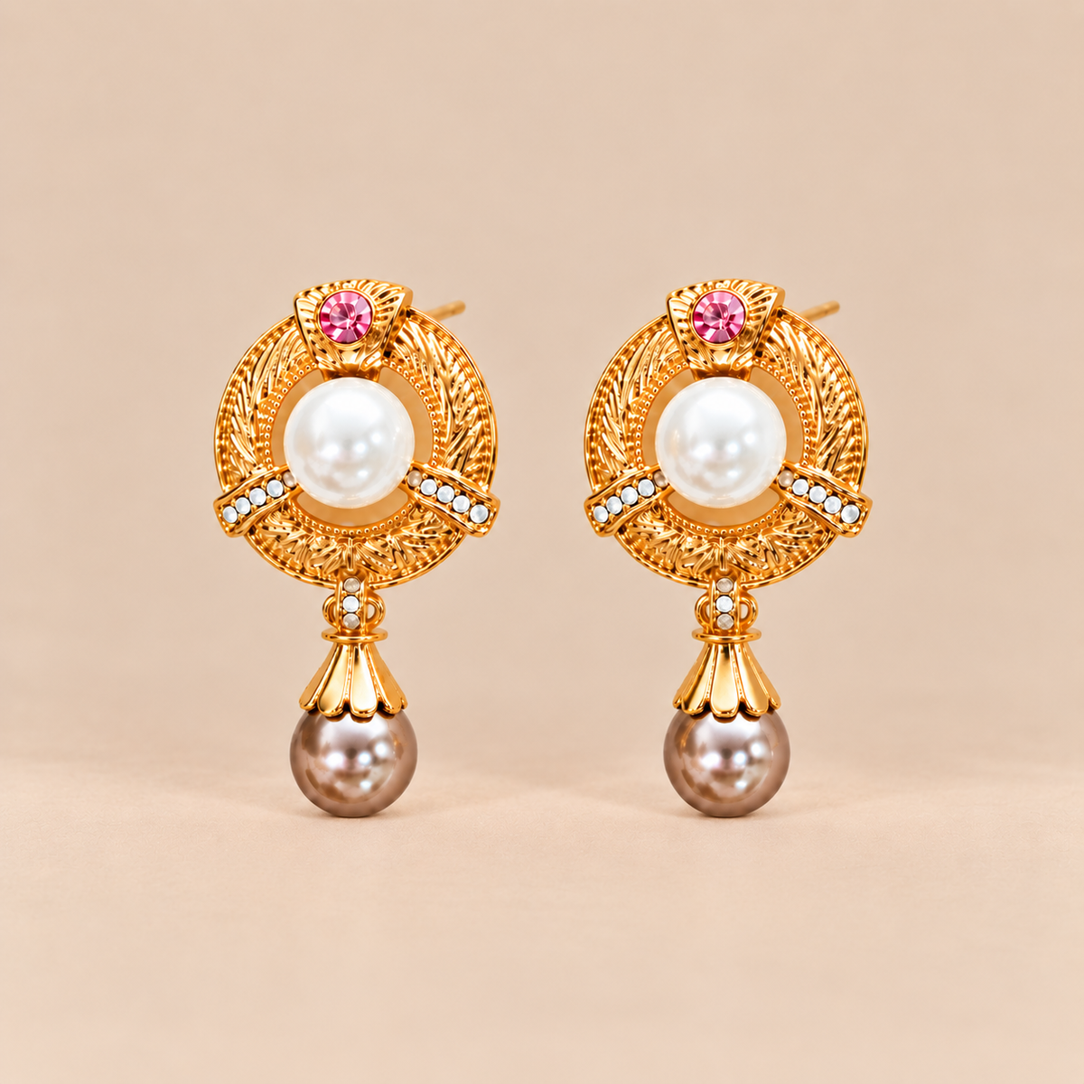 Vintage gold pearl drop stud earrings with imitation diamond details