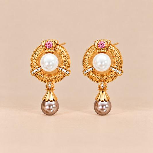 Vintage gold pearl drop stud earrings with imitation diamond details