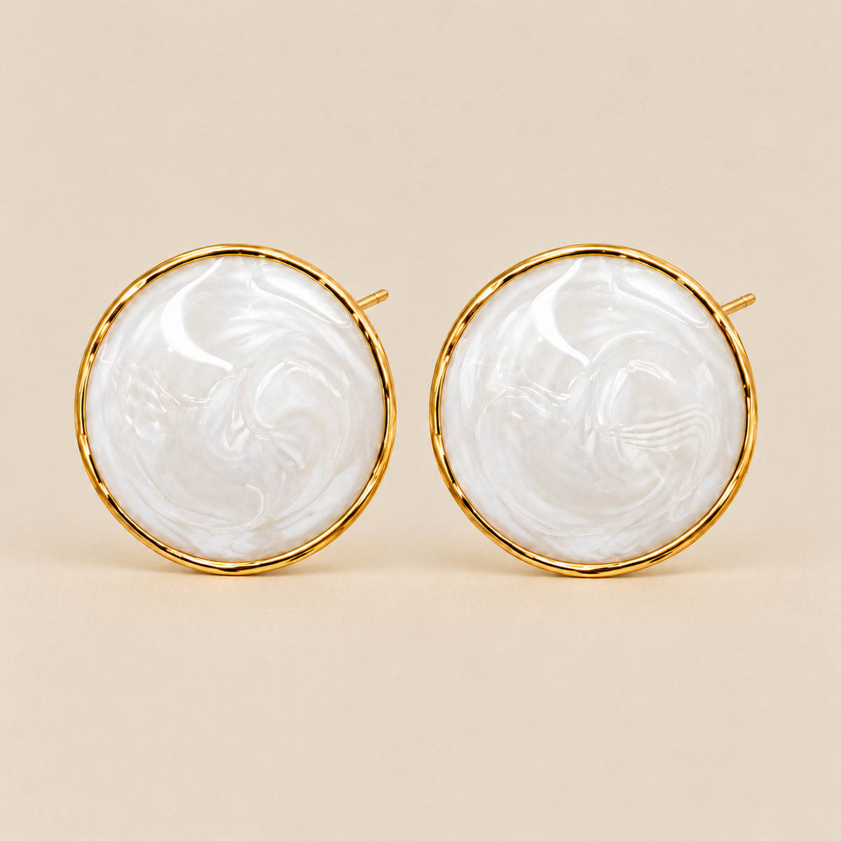 White marbled round statement stud earrings with gold-tone trim