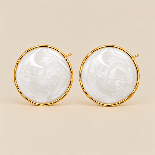White marbled round statement stud earrings with gold-tone trim