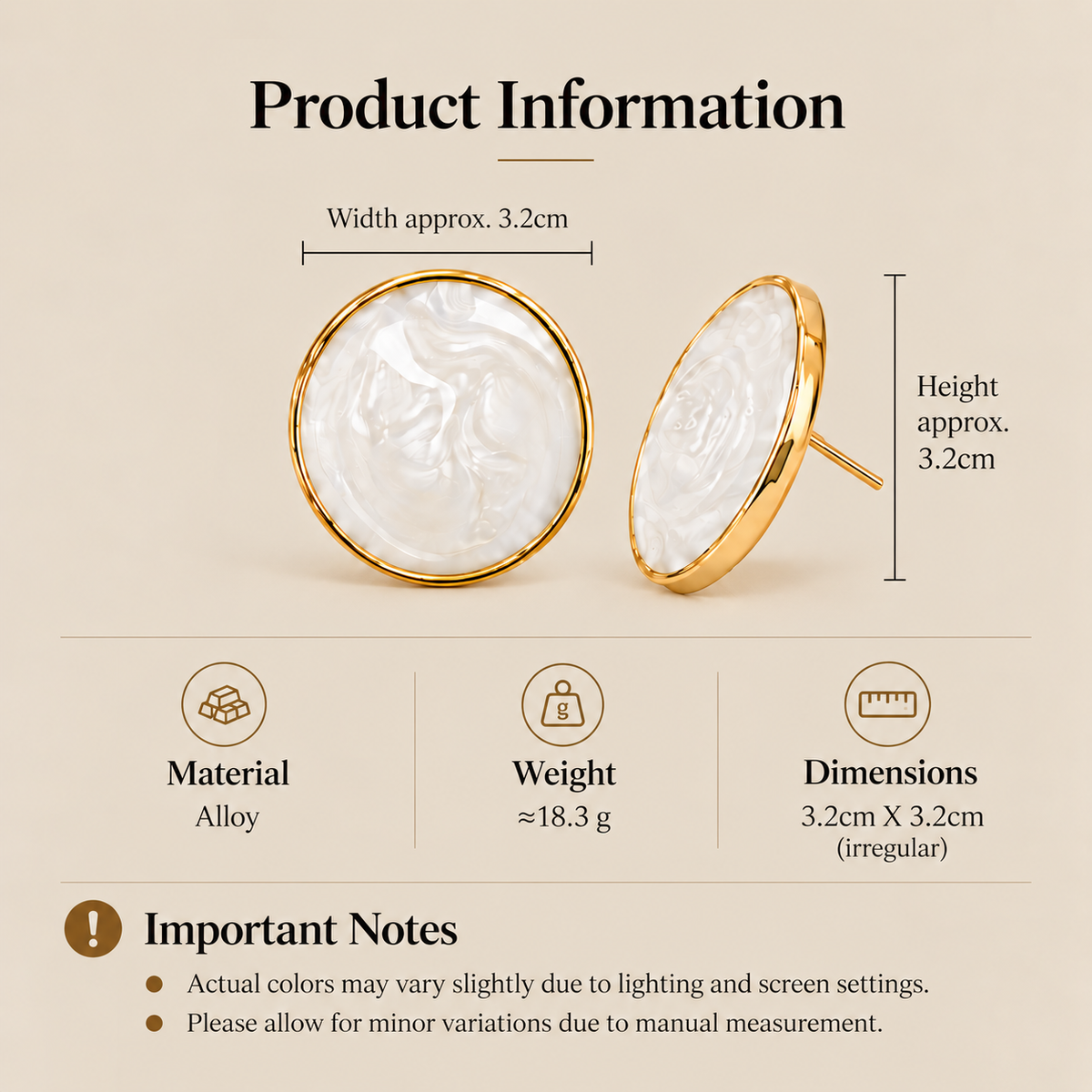White round stud earrings size and product details showing 3.2 cm dimensions