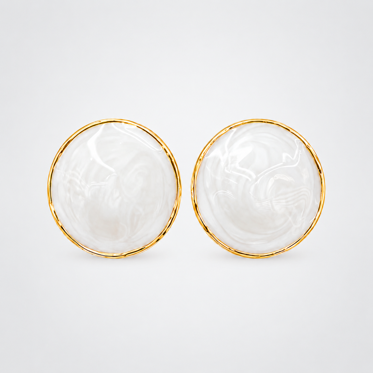 White marbled round statement stud earrings with gold-tone trim